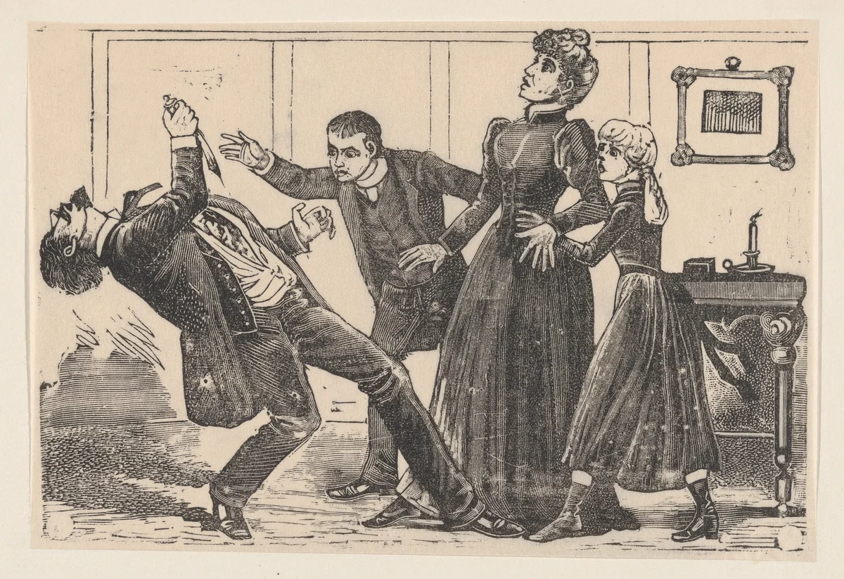 A man who has just stabbed himself falls backwards accompanied by three people by José Guadalupe Posada, print, 1887-1897