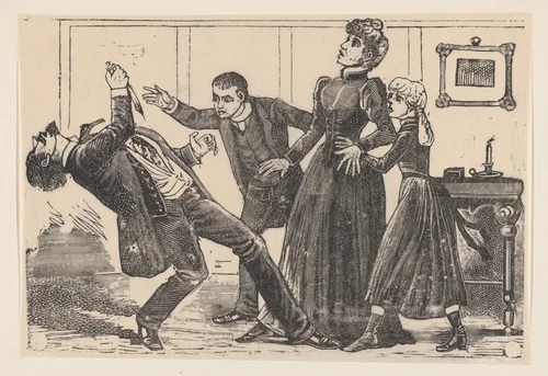 A man who has just stabbed himself falls backwards accompanied by three people by José Guadalupe Posada, print, 1887-1897
