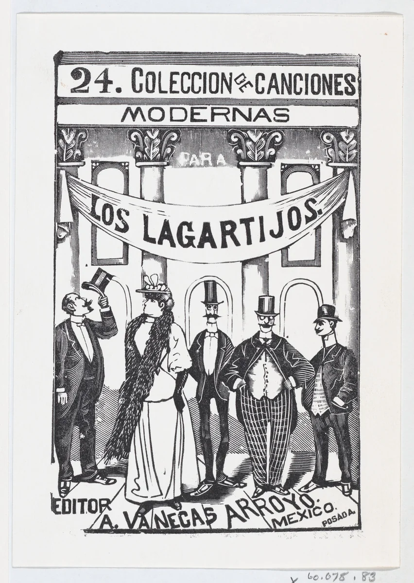 Four men and one woman in fine clothes standing in a line under a banner, illustration for 'Los Lagartijos (The Dandies)' by José Guadalupe Posada, print