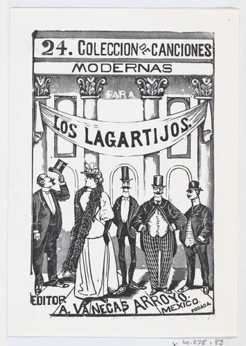 Four men and one woman in fine clothes standing in a line under a banner, illustration for 'Los Lagartijos (The Dandies)' by José Guadalupe Posada, print