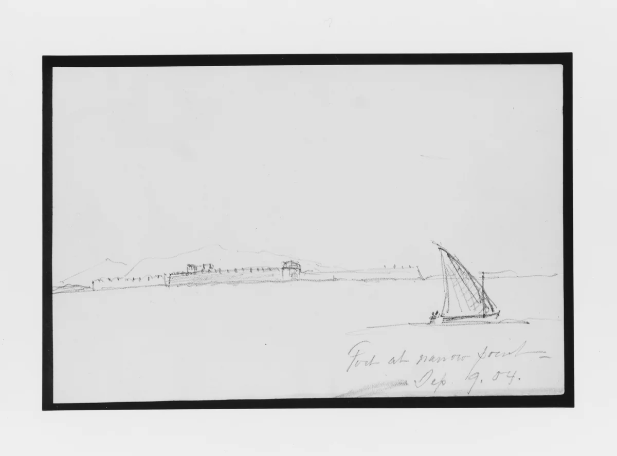 Mountains and Fort along Coast (from Sketchbook) by Mary Newbold Sargent, artwork, 1904