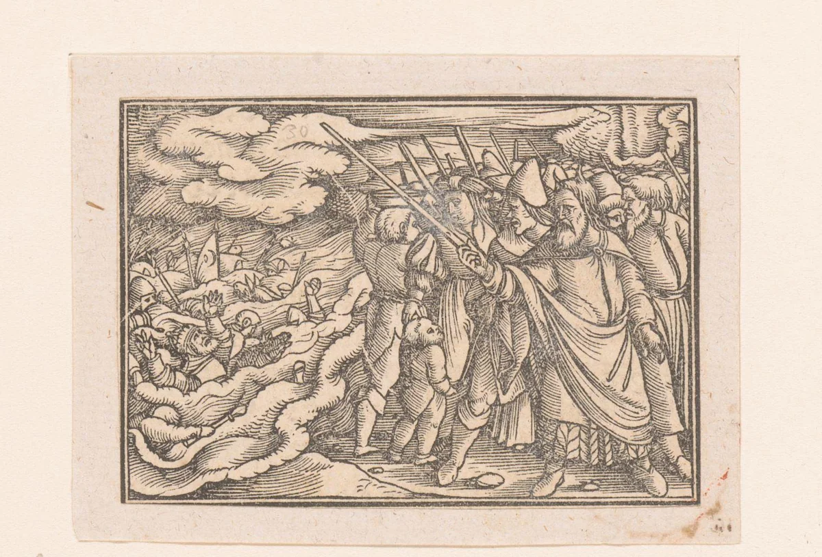 Mozes laat de legers van de Farao verzwelgen door de Rode Zee by anonymous, print, 1522