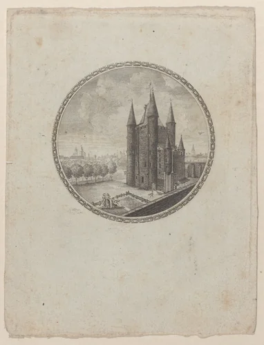 Circular view of the Conciergerie with hidden silhouettes of the Royal family in the clouds by anonymous, print, 1700-1800