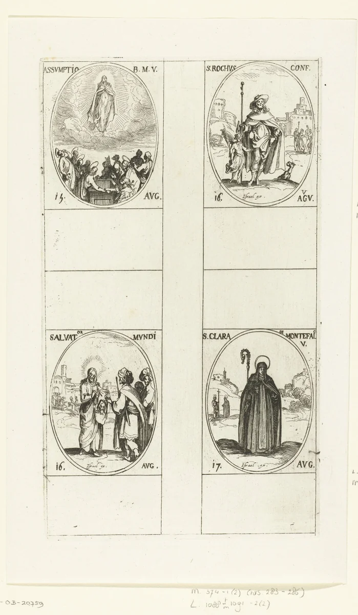 Hemelvaart van Maria (Maria-Tenhemelopneming), Heilige Rochus van Montpellier, het kleed van Edessa, Heilige Clara van Montefalco (15-17 augustus) by Jacques Callot, print, 1632-1636