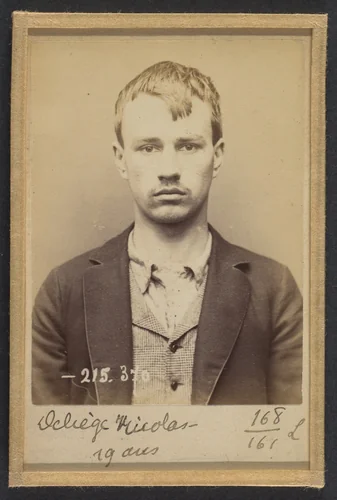 Deliège. Nicolas, François. 19 ans, né à Ixelles (Belgique). Tailleur d'habits. Anarchiste. 9/3/94. by Alphonse Bertillon, photograph, 1894