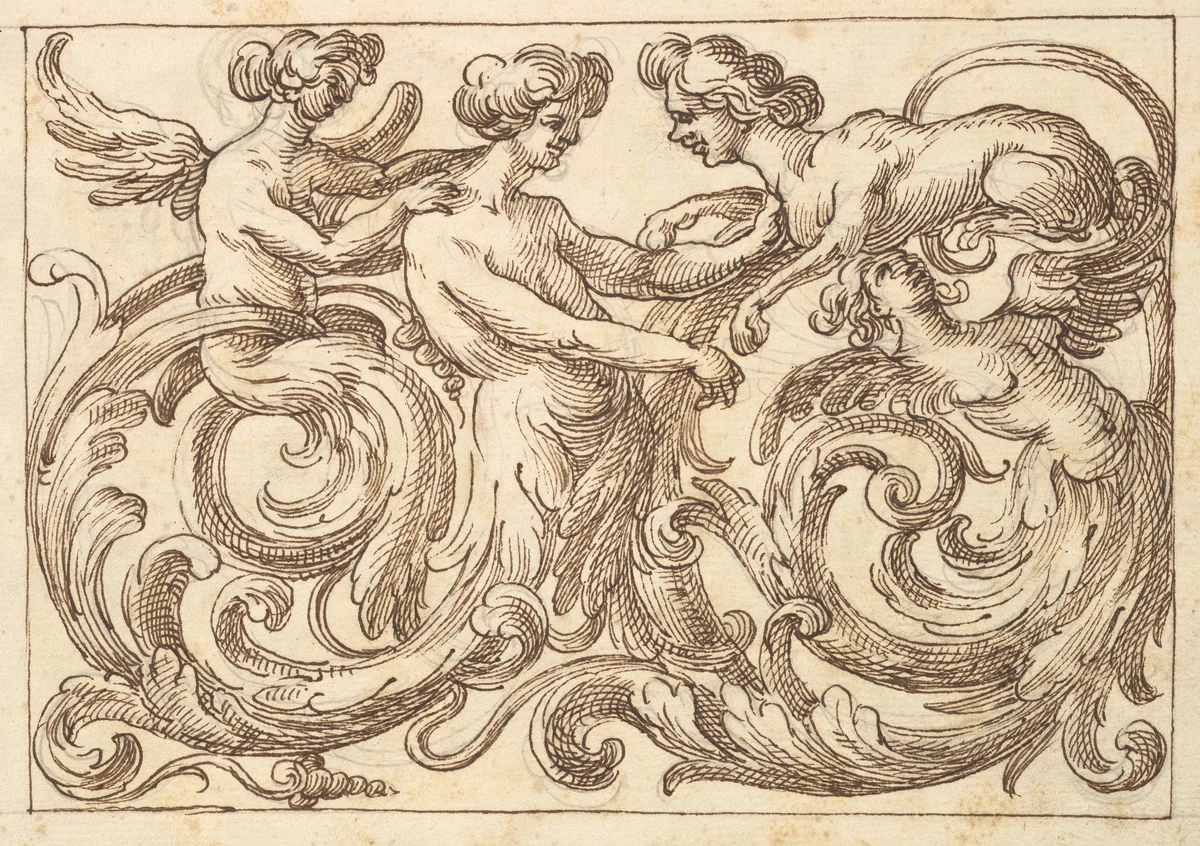Horizontal Panel Design with a Three Androgynous Figures and a Sphinx Combined with Acanthus Rinceaux by anonymous, drawing, 1600-1650