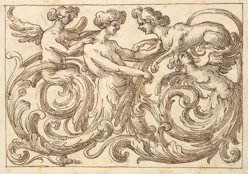 Horizontal Panel Design with a Three Androgynous Figures and a Sphinx Combined with Acanthus Rinceaux by anonymous, drawing, 1600-1650