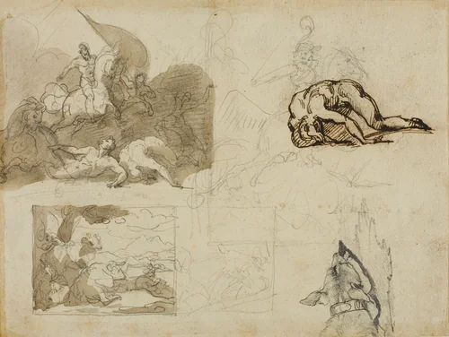 Sketches of a Cavalry Battle, A Landscape with Cows, and Other Compositions by Jean Louis André Théodore Géricault, drawing, 1814