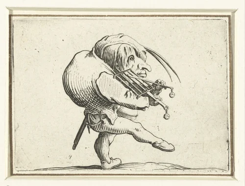 Kleine mens (karikatuur) met rooster en zwaard by Jacques Callot, print, 1621-1625