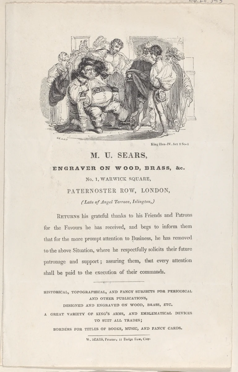 Trade Card for M.U. Sears, Wood Engraver and Printer by Matthew Urlwin Sears, print, 1826-1859