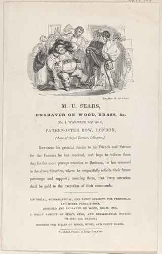 Trade Card for M.U. Sears, Wood Engraver and Printer by Matthew Urlwin Sears, print, 1826-1859
