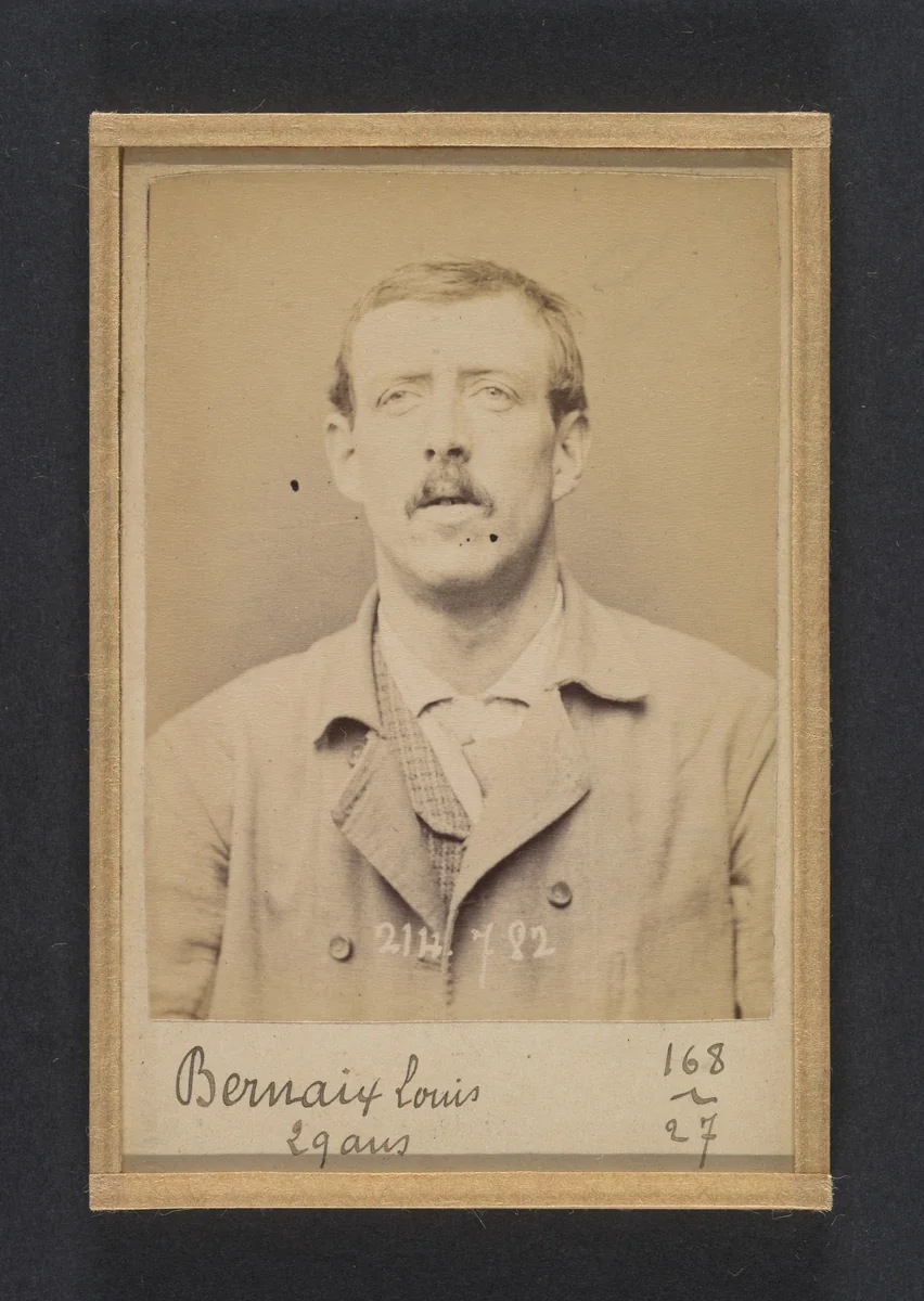 Bernaix. Louis. 29 ans, né à Clichy. Couvreur. Anarchiste. Fiché le 27/2/94. by Alphonse Bertillon, photograph, 1894
