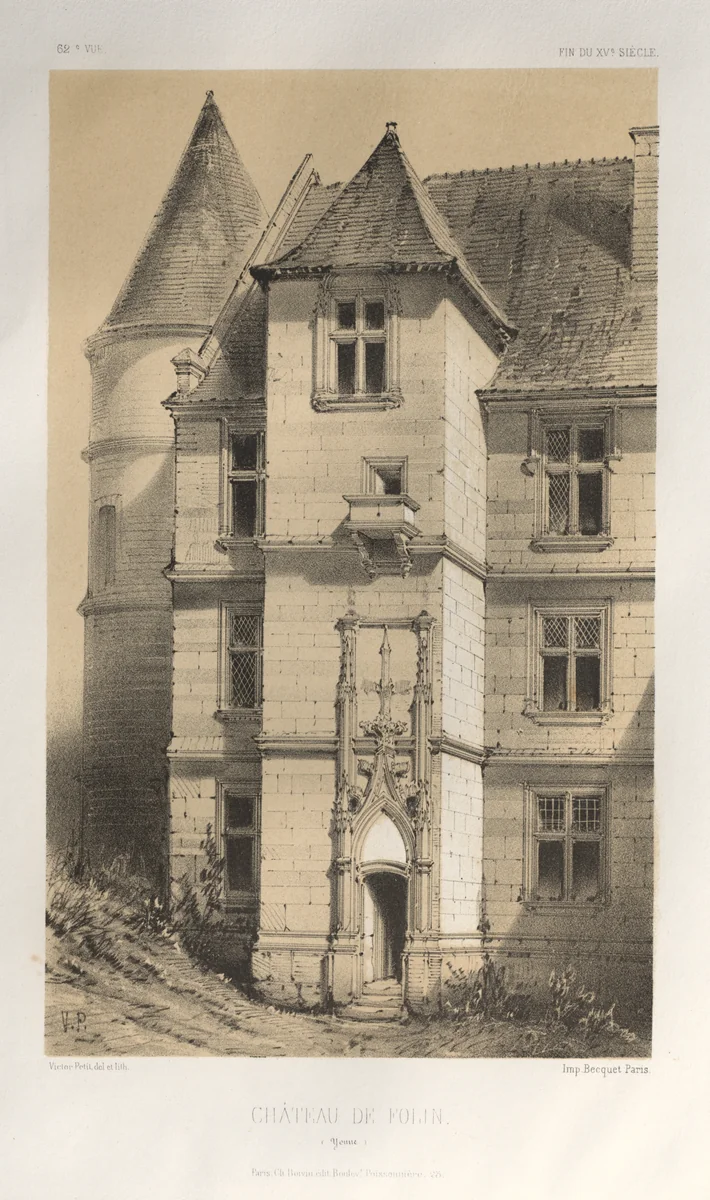 Architecture Pittoresque ou Monuments des XVeme. Et XVIeme. Siecles: Chateaux de France des XV et XVI Siecles: Pl. 62, Château De Folin (Yonne) by Victor Petit, print, 1860