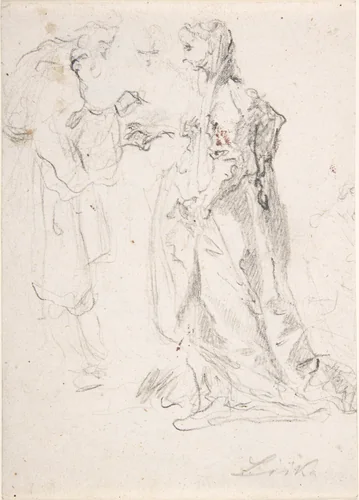 A Man Holding the Hand of a Woman, Another Woman Looking On by Johann Christoph Liska, drawing, 1650-1712