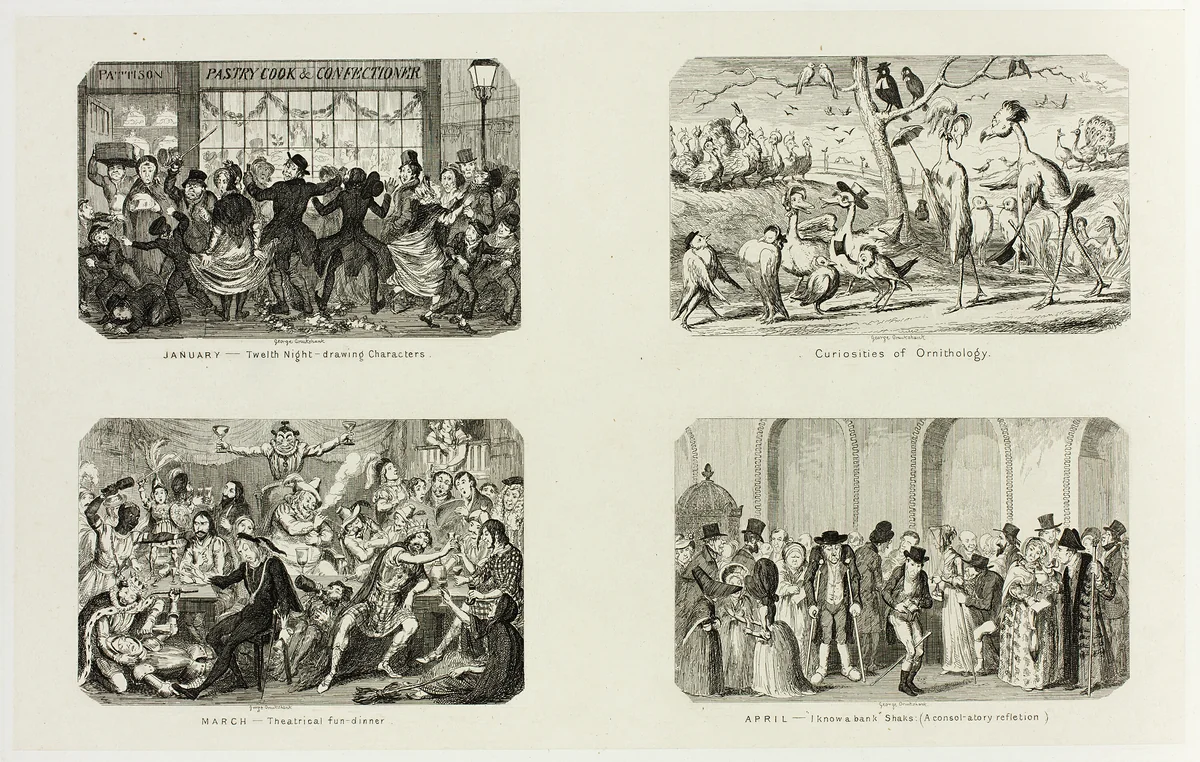 January - Twelfth Night Drawing Characters from George Cruikshank's Steel Etchings to The Comic Almanacks: 1835-1853 (top left) by George Cruikshank, print, 1841