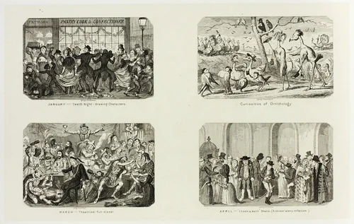 January - Twelfth Night Drawing Characters from George Cruikshank's Steel Etchings to The Comic Almanacks: 1835-1853 (top left) by George Cruikshank, print, 1841