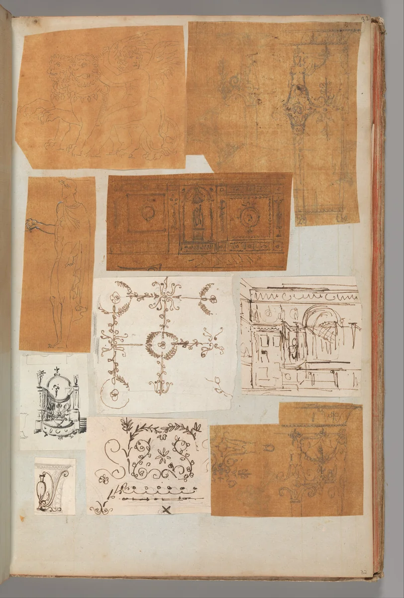 Page from a Scrapbook containing Drawings and Several Prints of Architecture, Interiors, Furniture and Other Objects by Charles Percier, book, 1795-1805