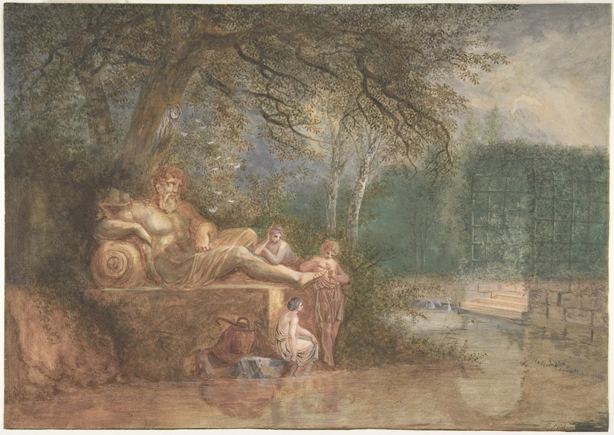 A Park with Figures at a Statue near Water by Salomon Gessner, drawing, 1775