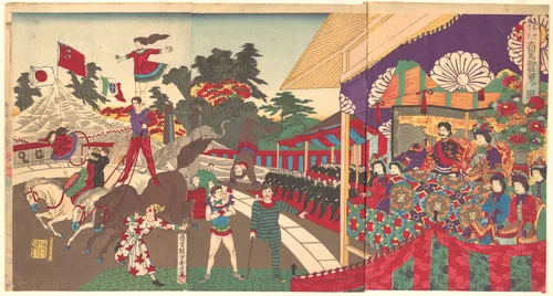 Illustration of the Imperial Excursion to see the Charini's Circus (Charine daikyokuba goyūran no zu) by Yōshū Chikanobu (楊洲周延), print, 1886