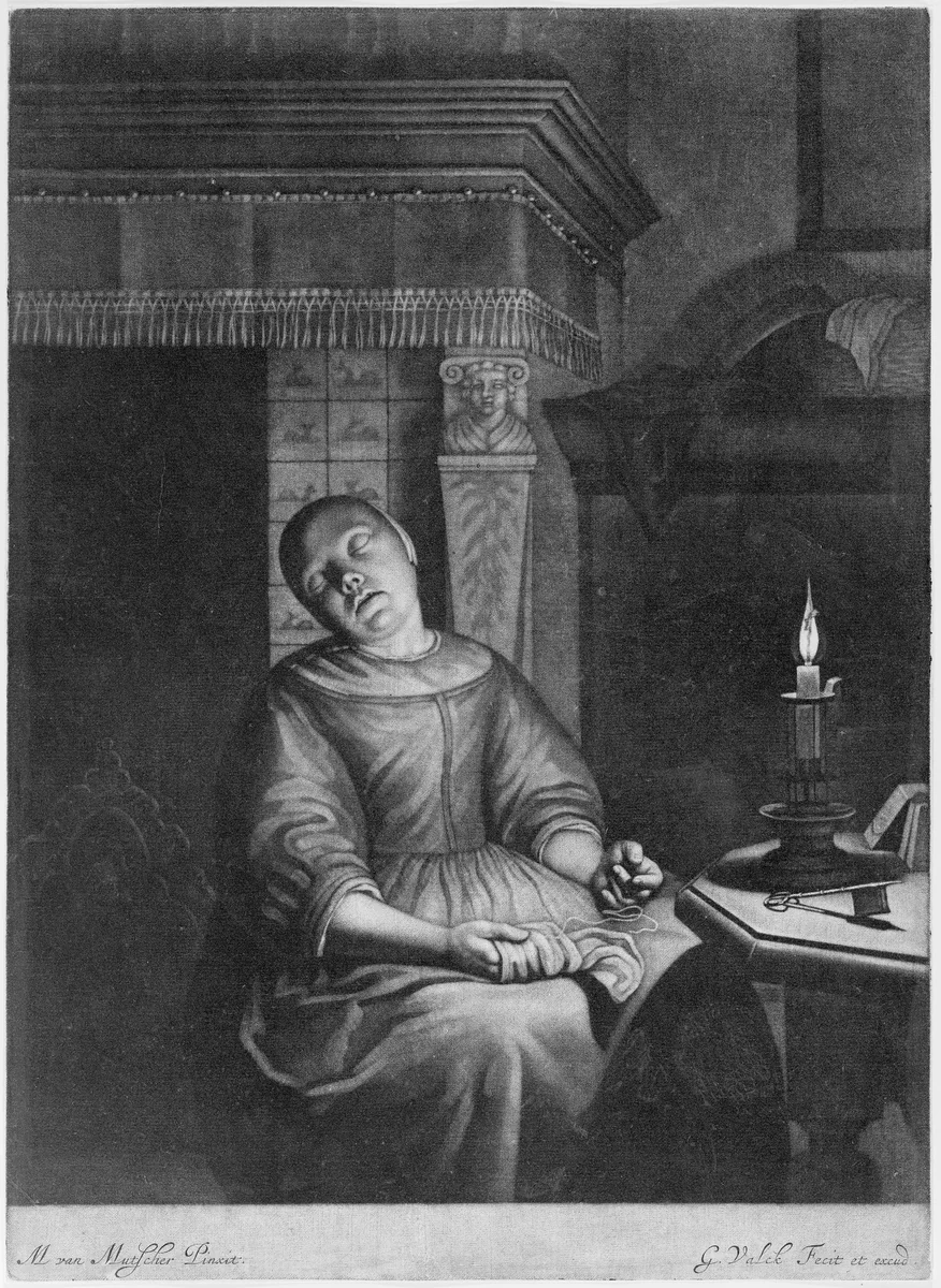 Sleeping Girl with Needlework in her Lap by Gerard Valck, print, 1645-1726
