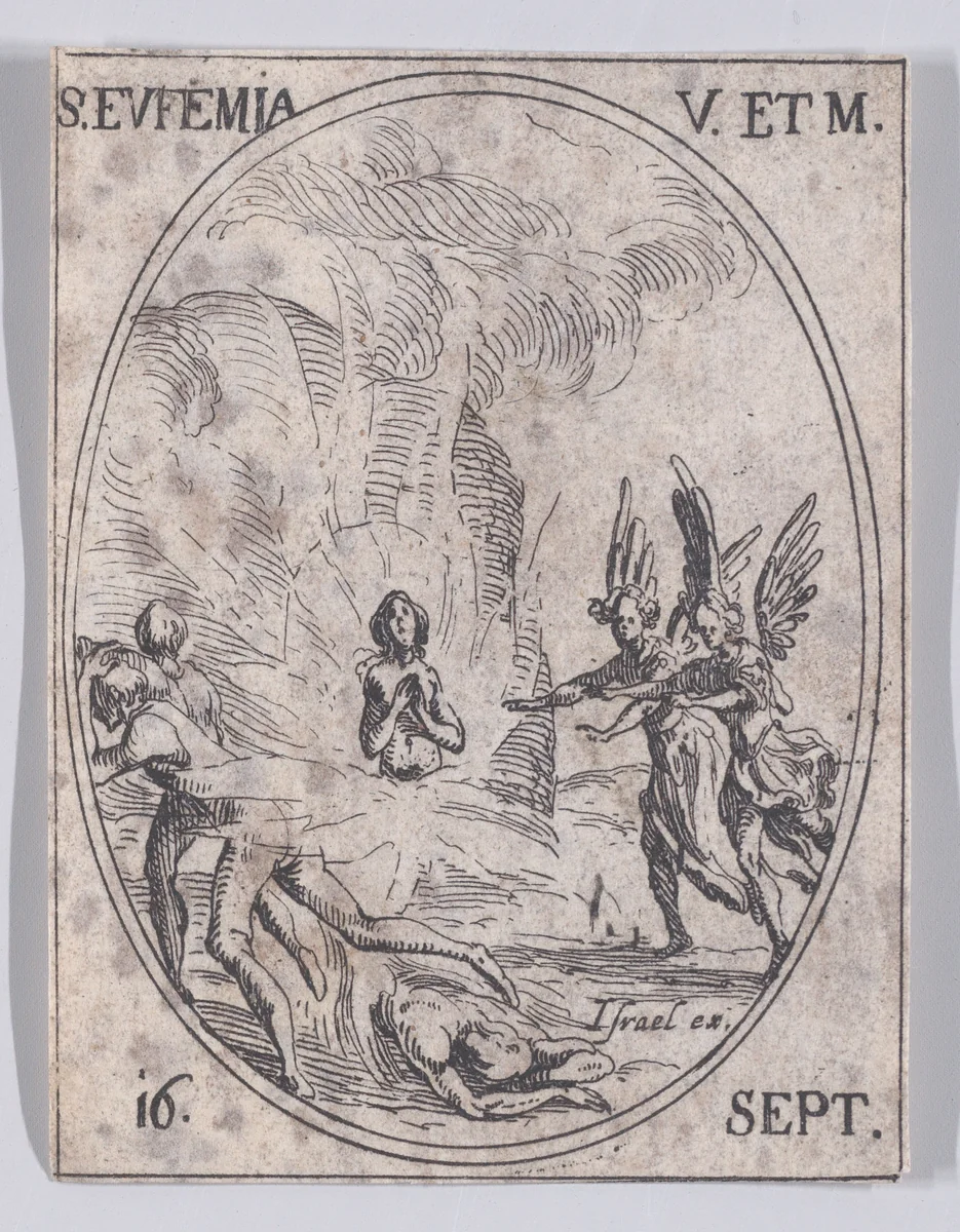 S. Euphémie, vierge et martyre (St. Euphemia, Virgin and Martyr), September 16th, from "Les Images De Tous Les Saincts et Saintes de L'Année" (Images of All of the Saints and Religious Events of the Year) by Jacques Callot, print, 1636