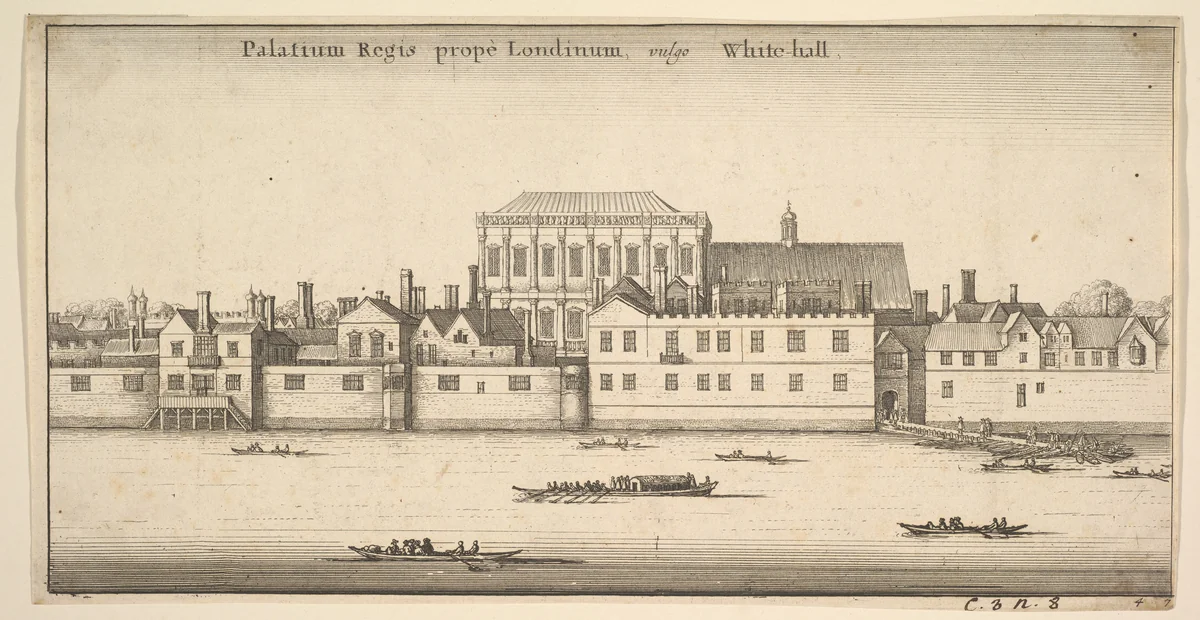 Palatium Regis prope Londinum, vulgo White-hall (Royal Palace of Whitehall, London) by Wenceslaus Hollar, print, 1642-1652