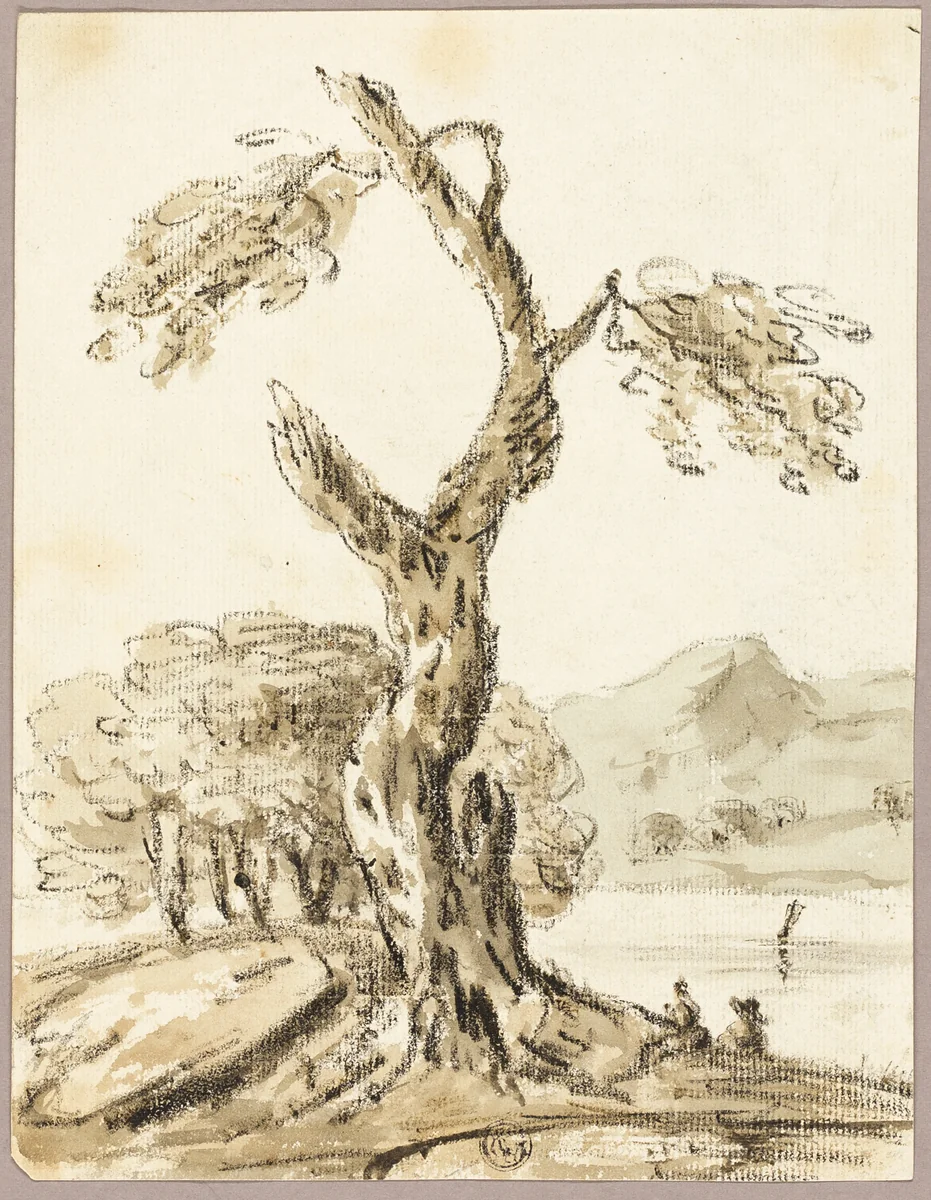Large Tree with Lake and Mountains in Background by Thomas Barker or Thomas Jones Barker, drawing, 1789-1882