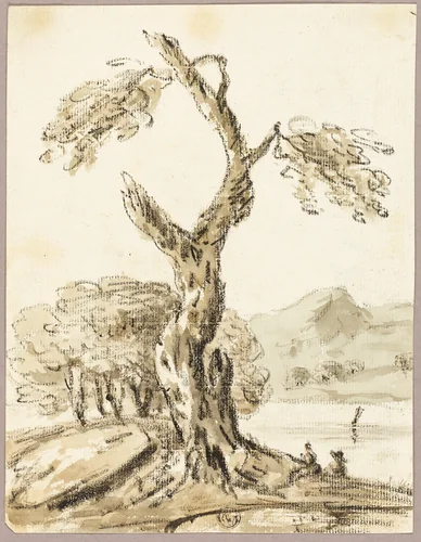 Large Tree with Lake and Mountains in Background by Thomas Barker or Thomas Jones Barker, drawing, 1789-1882