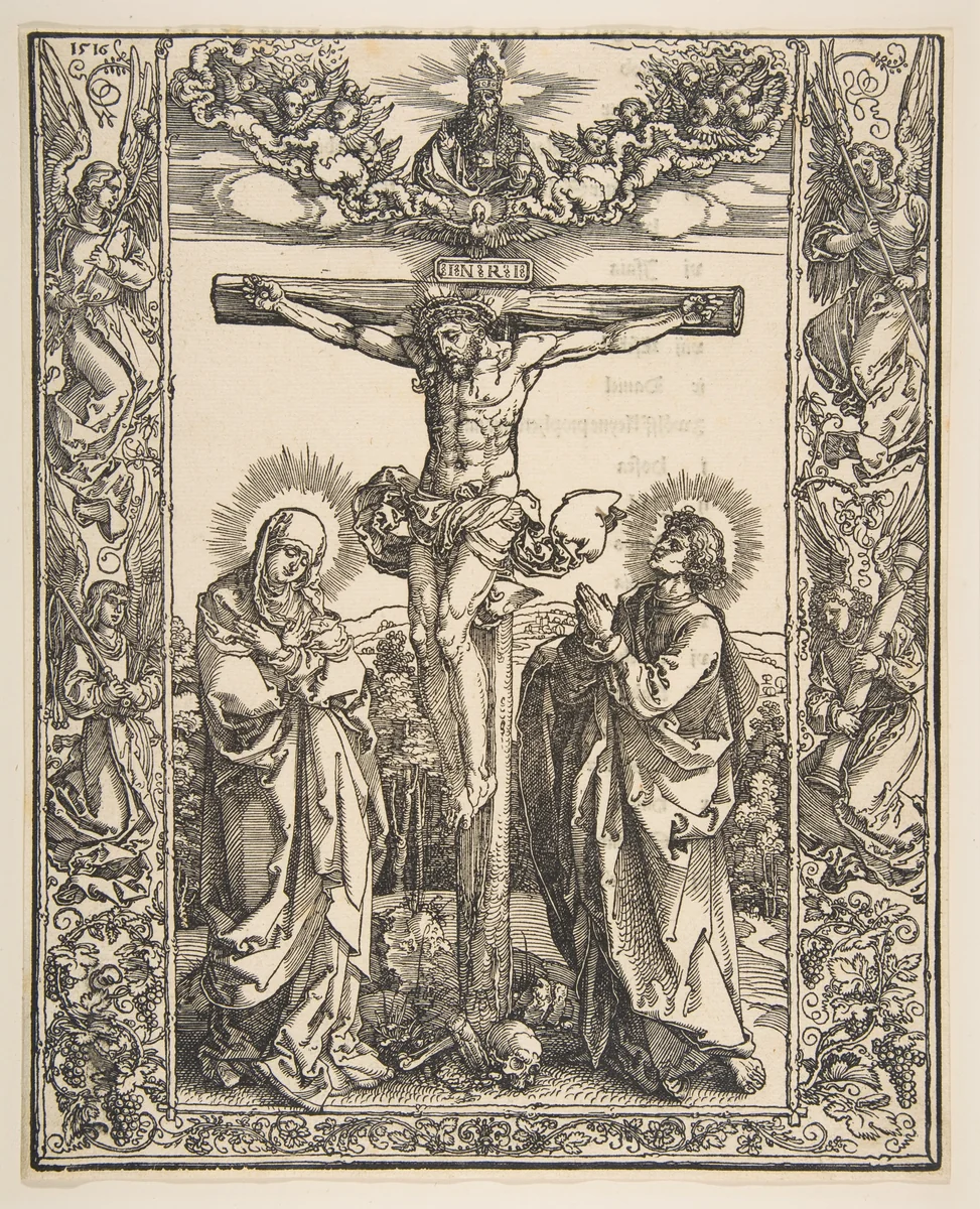 Christ on the Cross between the Virgin and Saint John by Albrecht Dürer, print, 1516