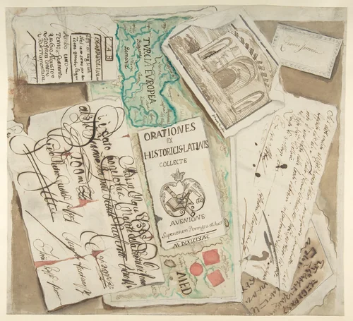 Trompe l'Oeil Design Including Bills, Calling Cards, an Etching, a Map etc. by anonymous, drawing, 1700-1800