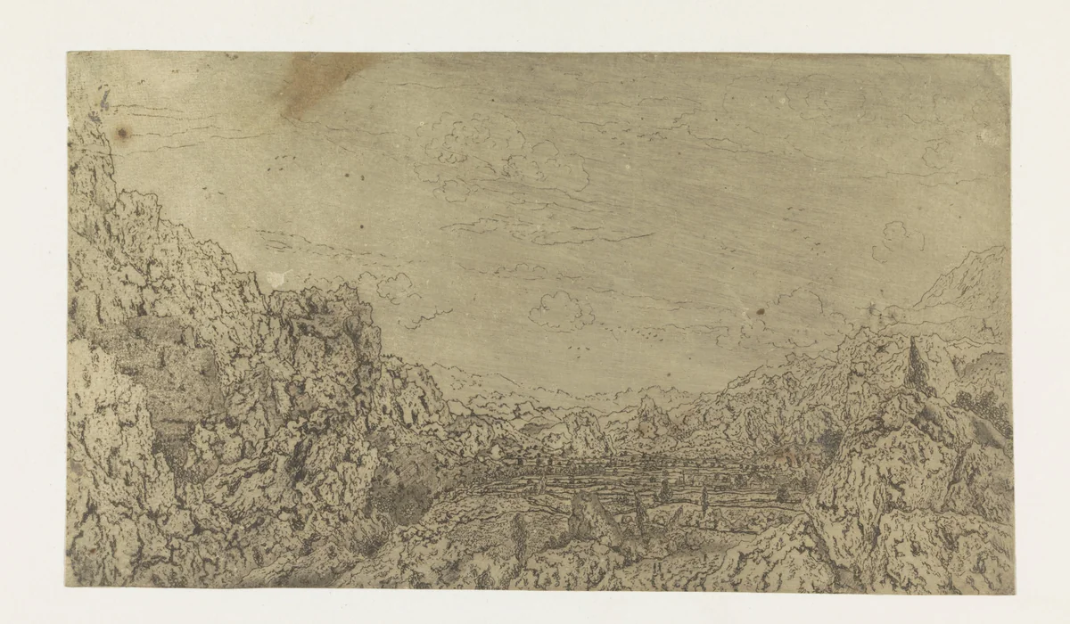 Dal omringd door bergen by Hercules Segers, print, 1625-1630