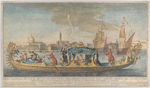 The highly ornamented first gondola of Ambassador Giovanni Battista Colloreado entering Venice by Giovanni Antonio Faldoni, print, 1720-1730