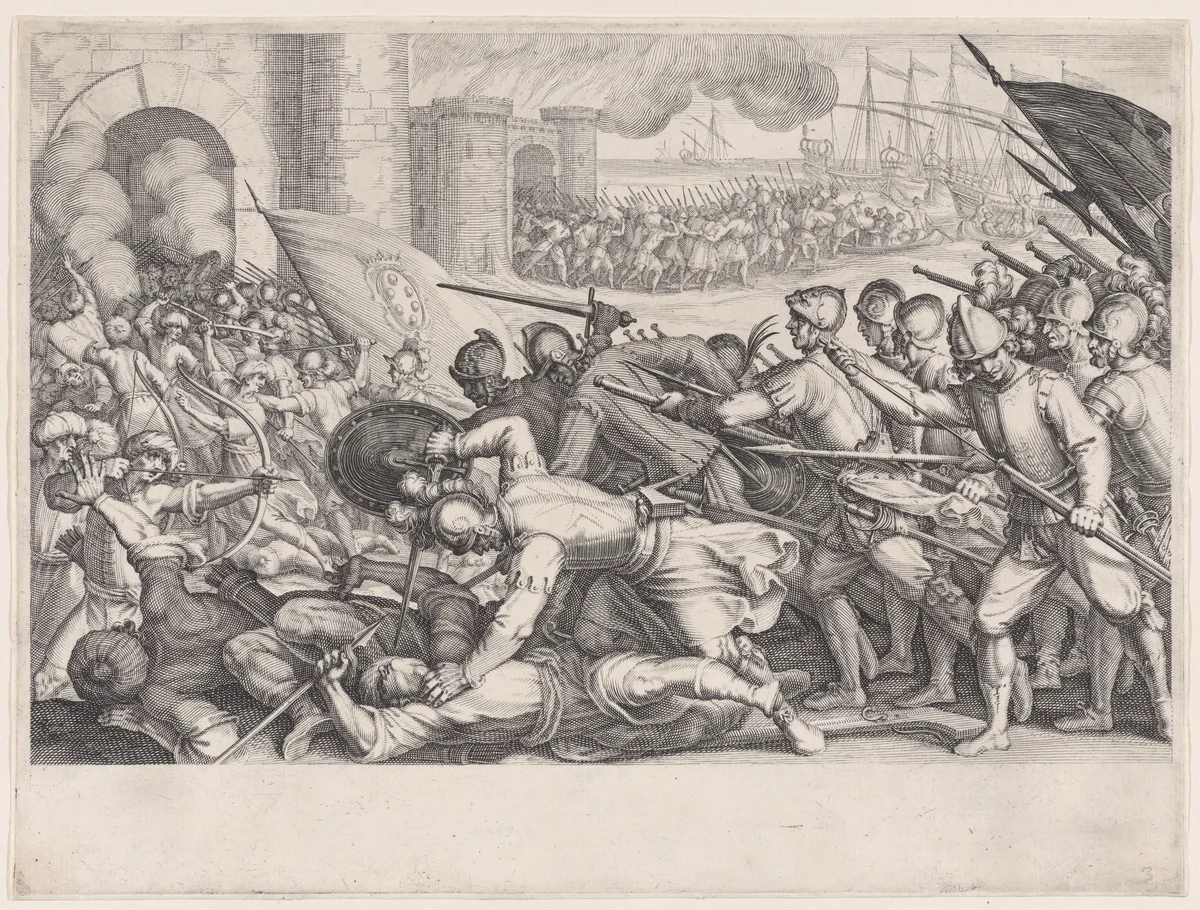 Les Troupes Forcent la Porte d'une Ville (The Troops Force Their Way Through the Gate of a City), from "La Vie de Ferdinand Ier de Médicis série appelée aussi Les Batailles des Médicis" (The Life of Ferdinand I de'Medici also called The Medici Battles) by Jacques Callot, print, 1614-1620