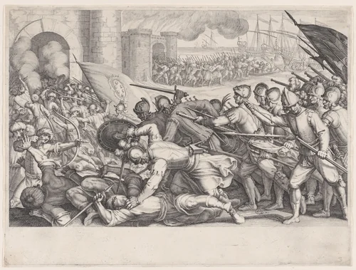 Les Troupes Forcent la Porte d'une Ville (The Troops Force Their Way Through the Gate of a City), from "La Vie de Ferdinand Ier de Médicis série appelée aussi Les Batailles des Médicis" (The Life of Ferdinand I de'Medici also called The Medici Battles) by Jacques Callot, print, 1614-1620