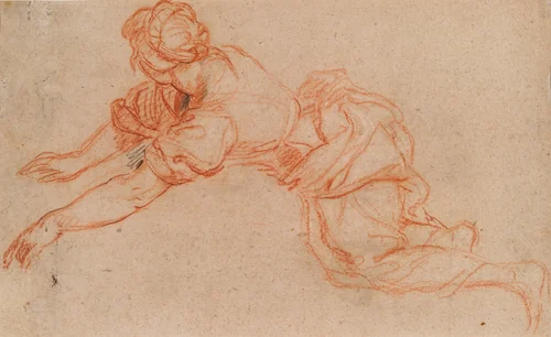 Young Woman Kneeling and Reaching Forward [verso] by Charles de La Fosse, drawing, 1695-1703