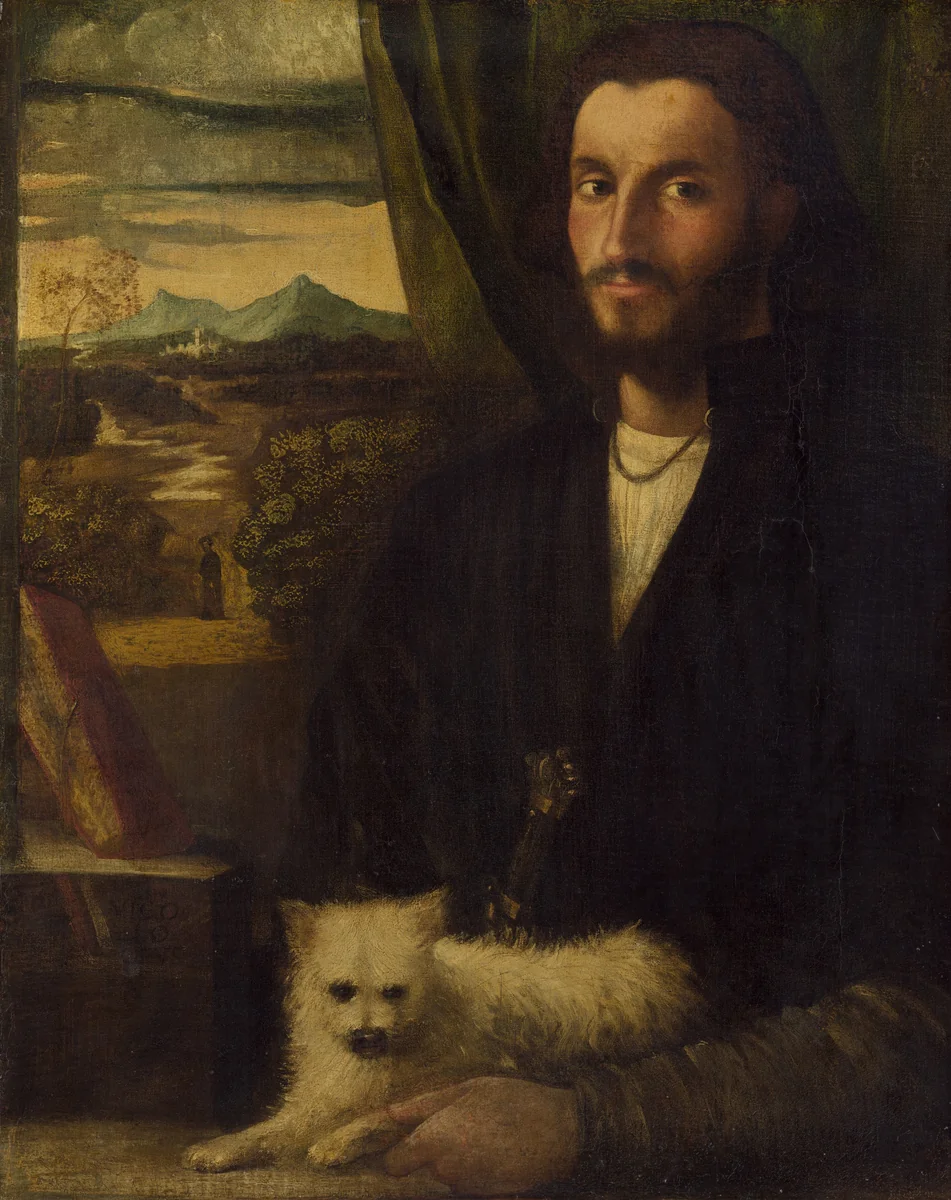 Portrait of a Man with a Dog by Cariani, painting, 1520