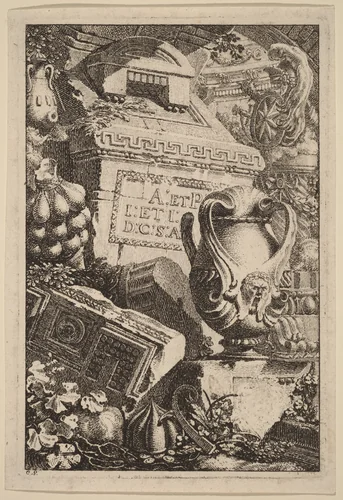 Fantasy of an Antique Tomb with Fragments of Architecture and Sculpture by Carl Schütz, print, 1770-1780