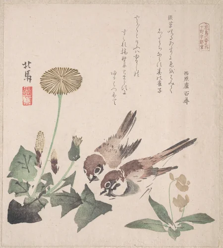 Spring Rain Collection (Harusame shū), vol. 3: Sparrows and Dandelions by Teisai Hokuba (蹄斎北馬), print, 1810-1830