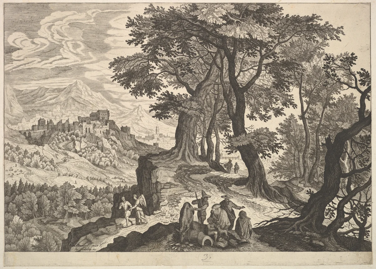 Landscape with Tobias and the Angel and Gypsies by Aegidius Sadeler II, print, 1568-1629