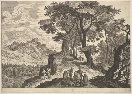 Landscape with Tobias and the Angel and Gypsies by Aegidius Sadeler II, print, 1568-1629