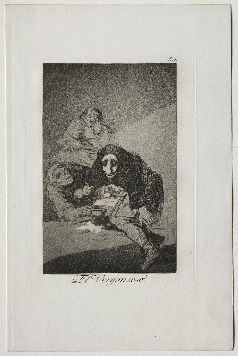 The Shamefaced One, Plate 54 by Francisco de Goya, print, 1799