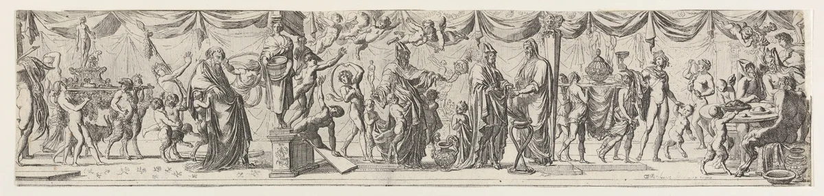 Frieze-like composition of figures walking alongside draped curtains: at left satyrs and children bear a statue of Bacchus on a litter behind an old man (Silenus?), at center two robed satyrs approach a priest, at right Apollo lifts a cup next to satyrs seated at a round table by Pierre Brebiette, print, 1617-1625