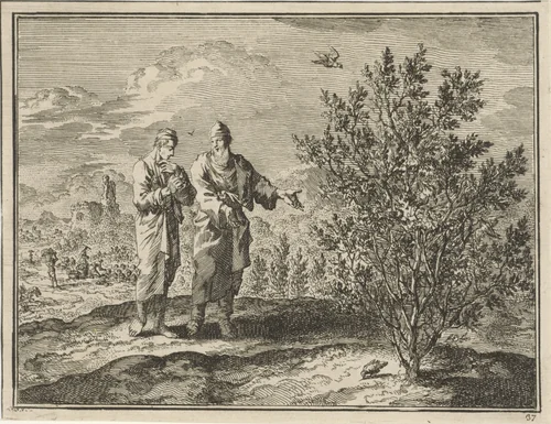 Twee mannen beschouwen een struik, opgegroeid uit mosterdzaad by Jan Luyken, print, 1712