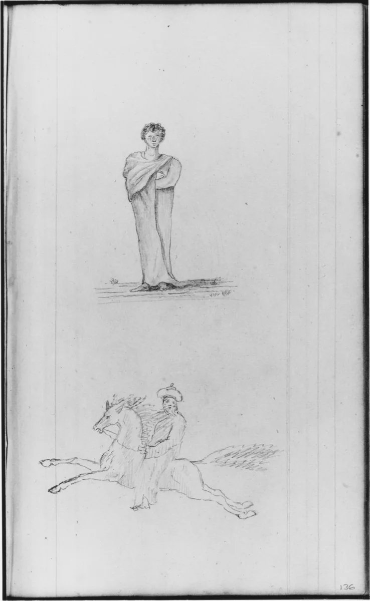Standing Male Figure; Male Figure on a Horse (from Sketchbook) by John William Casilear, artwork, 1811-1893