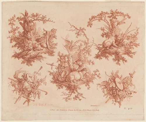 Five Trophies with Themes of Hunting, Love, and Folly by Gilles Demarteau the Elder; Jean-Baptiste Hüet, print, 1722-1776
