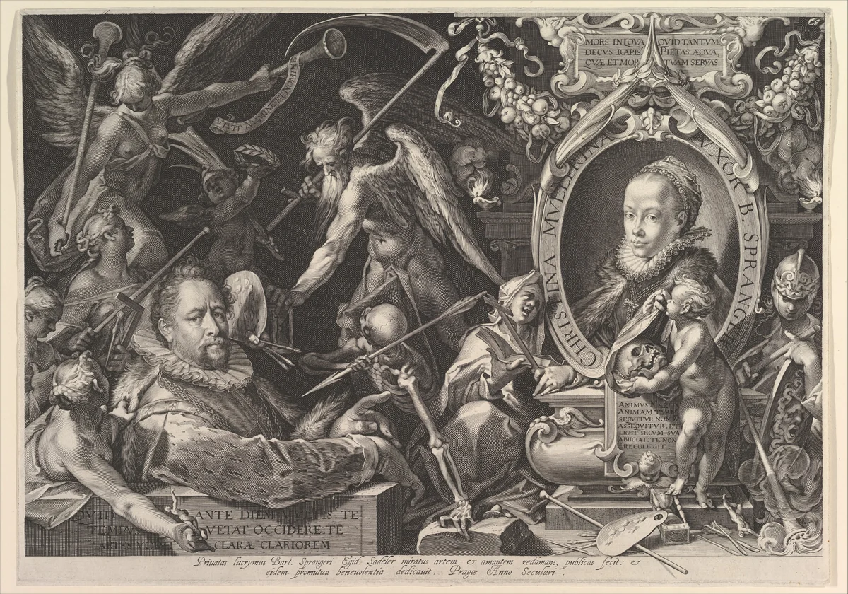 Portrait of Bartholomeus Spranger with an Allegory on the Death of his Wife, Christina Muller by Aegidius Sadeler II, print, 1600