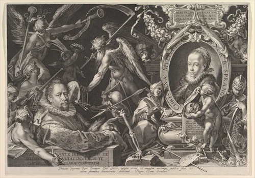Portrait of Bartholomeus Spranger with an Allegory on the Death of his Wife, Christina Muller by Aegidius Sadeler II, print, 1600