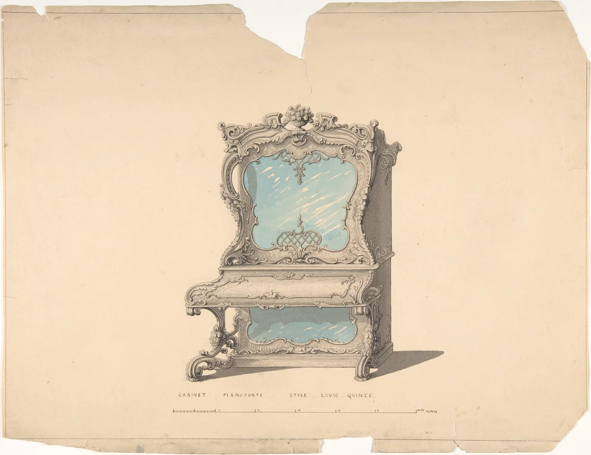 Design for Cabinet Pianoforte, Louis Quinze Style by Robert William Hume, drawing, 1835-1900