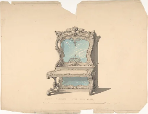 Design for Cabinet Pianoforte, Louis Quinze Style by Robert William Hume, drawing, 1835-1900