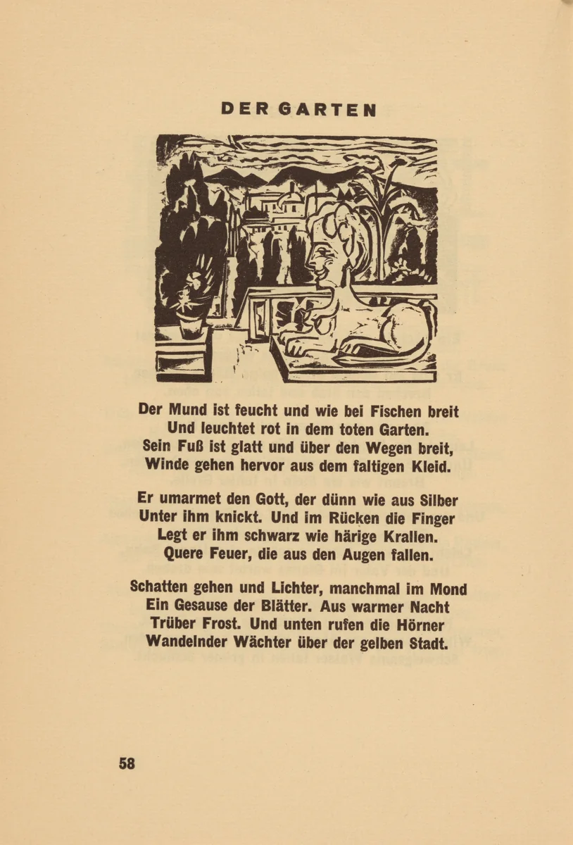 Der Garten (The Garden) (headpiece, page 58) from Georg Heym: Umbra Vitae (Georg Heym: The Shadow of Life) by Ernst Ludwig Kirchner, volume, 1924